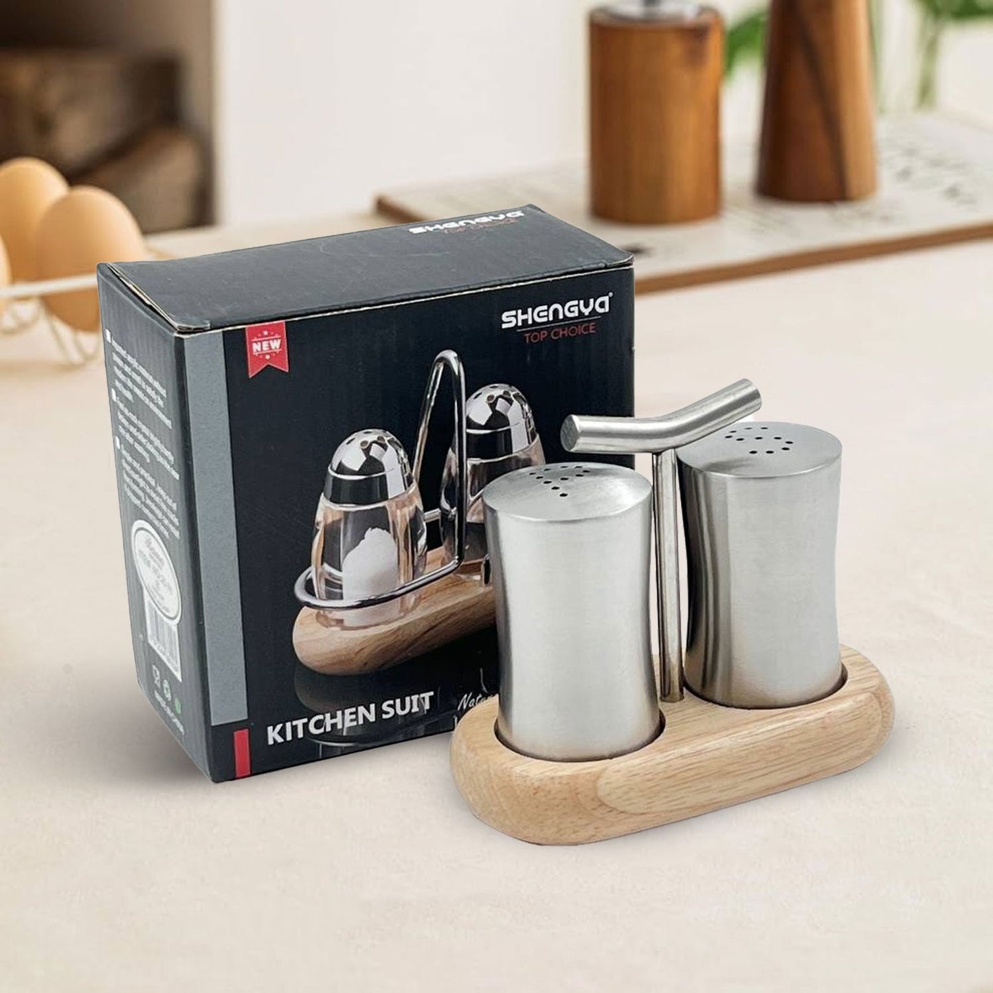 STAINLESS STEEL WOODEN BASE SEASONING SET SALT & PEPPER SHAKKER SET