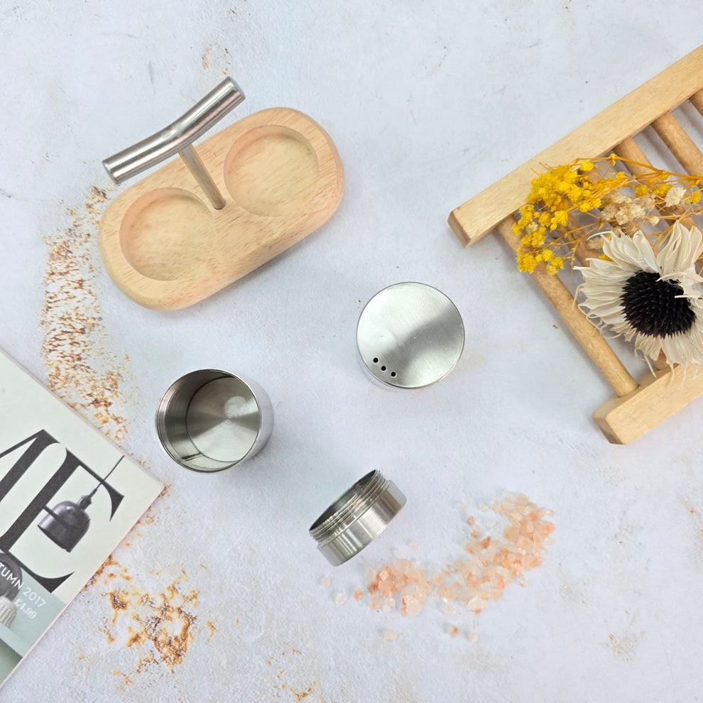 STAINLESS STEEL WOODEN BASE SEASONING SET SALT & PEPPER SHAKKER SET