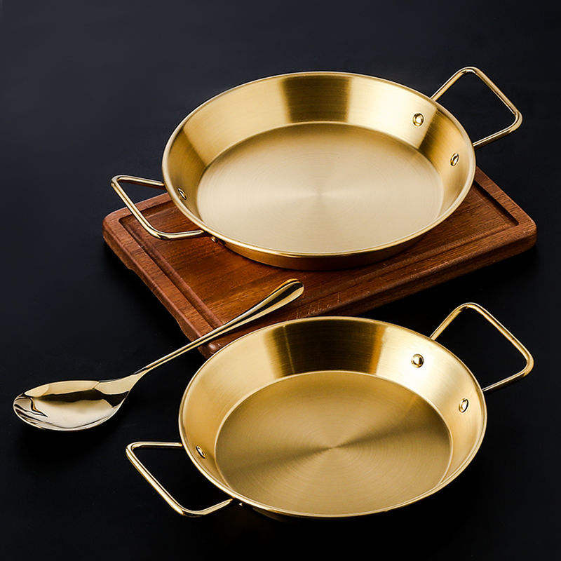 STAINLESS STEEL GOLDEN SERVING TRAY ROUND SPANISH SEAFOOD COOKING PAN