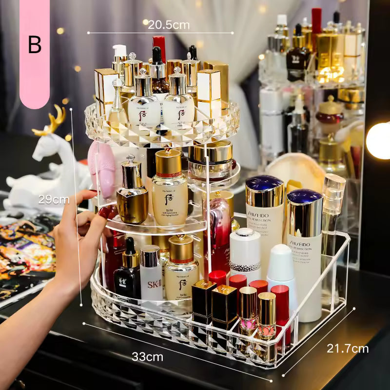 ROTATING MAKEUP ORGANIZER BOX – SPACE-SAVING COSMETIC HOLDER WITH CLEAR DESIGN