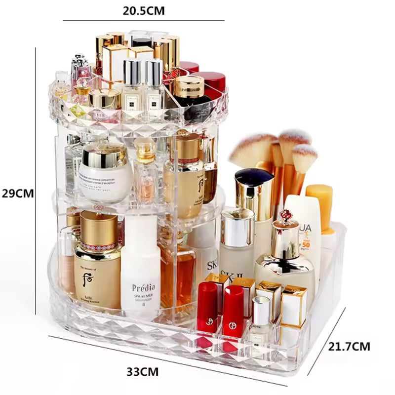 ROTATING MAKEUP ORGANIZER BOX – SPACE-SAVING COSMETIC HOLDER WITH CLEAR DESIGN