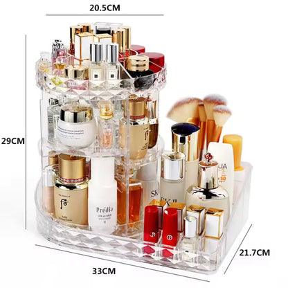ROTATING MAKEUP ORGANIZER BOX – SPACE-SAVING COSMETIC HOLDER WITH CLEAR DESIGN