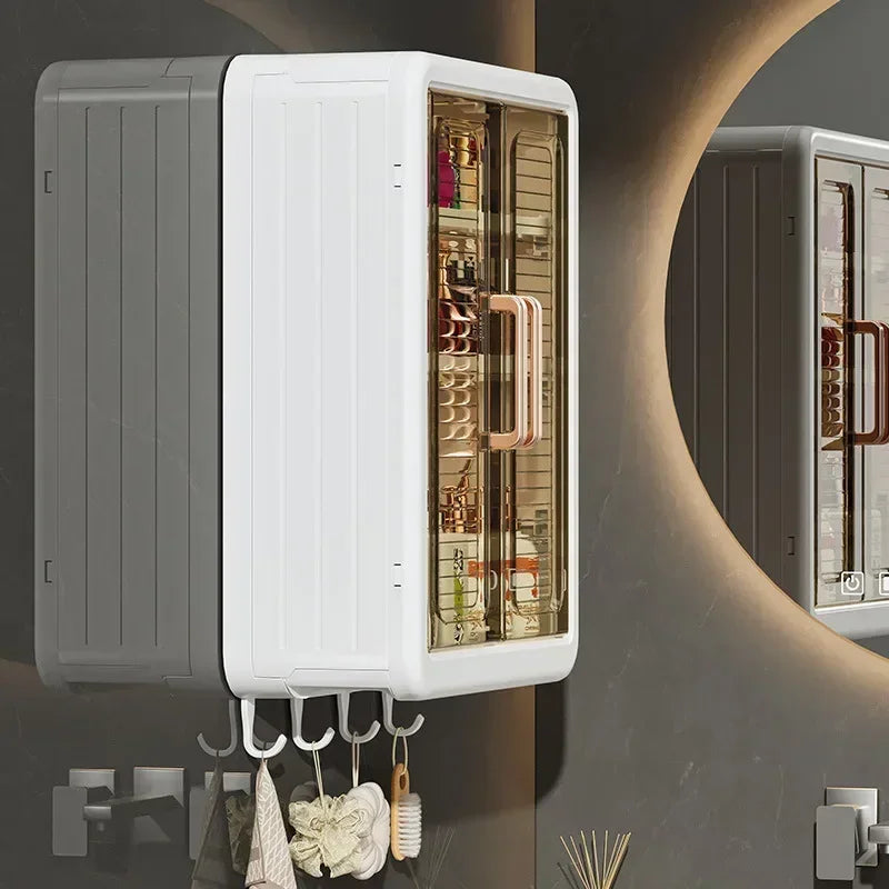 BATHROOM WALL CABINET WITH STORAGE SHELVES AND HOOKS