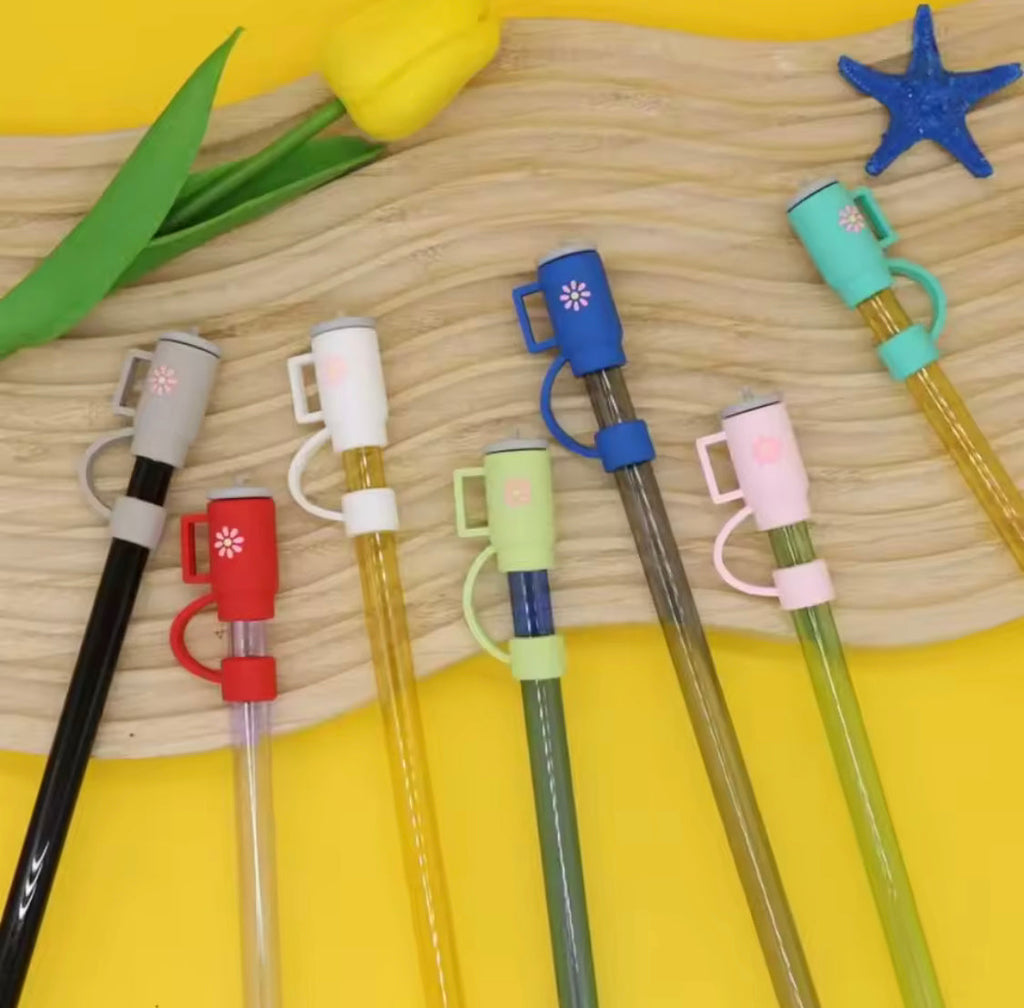 COLORFUL FLORAL DESIGN SILICONE STRAW TOPPERS SET OF 3