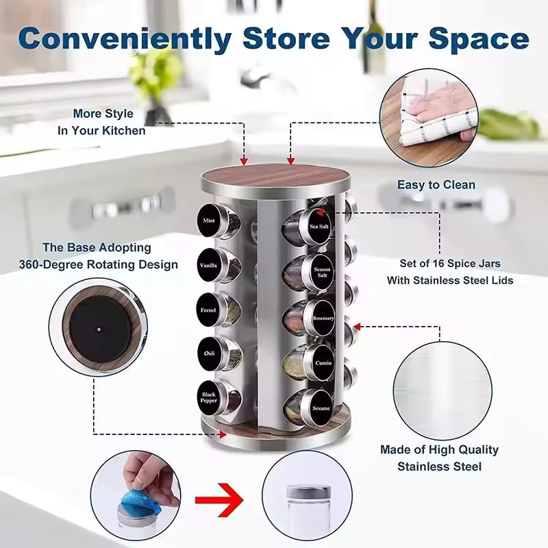 KITCHEN SPICE ORGANIZER – STAINLESS STEEL ROTATING RACK
