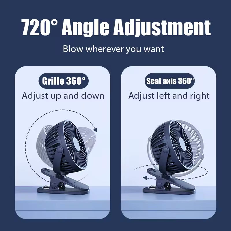 QUIET CLIP-ON FAN USB RECHARGEABLE WITH STRONG AIRFLOW