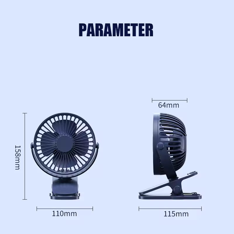 QUIET CLIP-ON FAN USB RECHARGEABLE WITH STRONG AIRFLOW