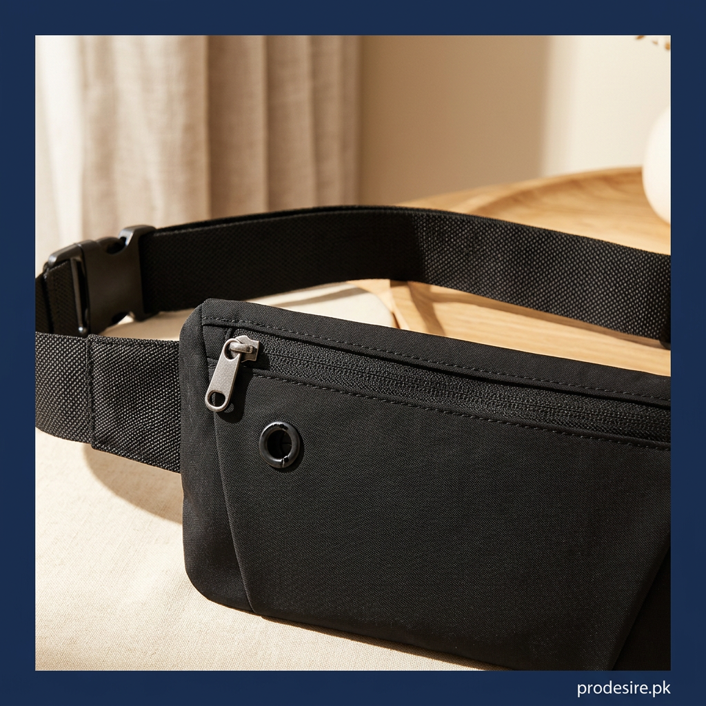 Close-up of black waist pouch zipper, circular cable port and strap