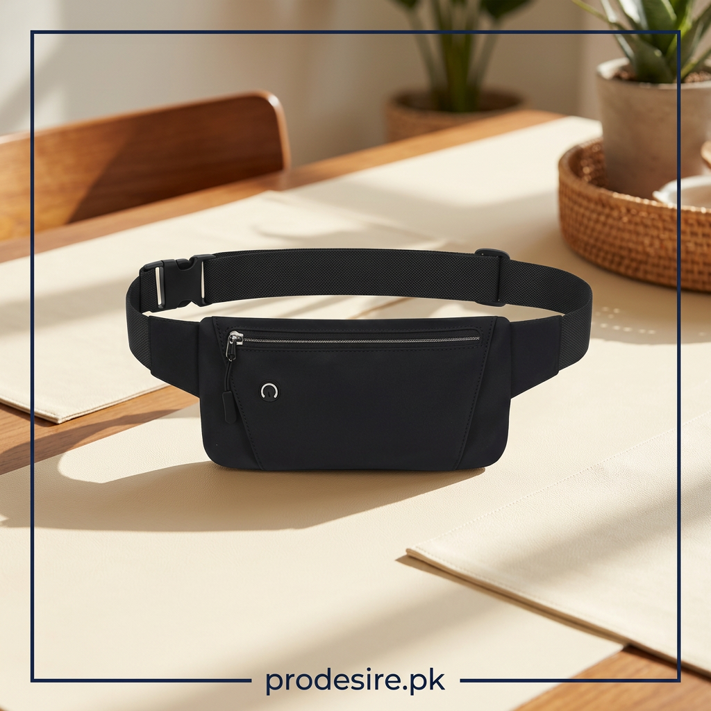 Black waist pouch with adjustable strap on a warm cream tabletop