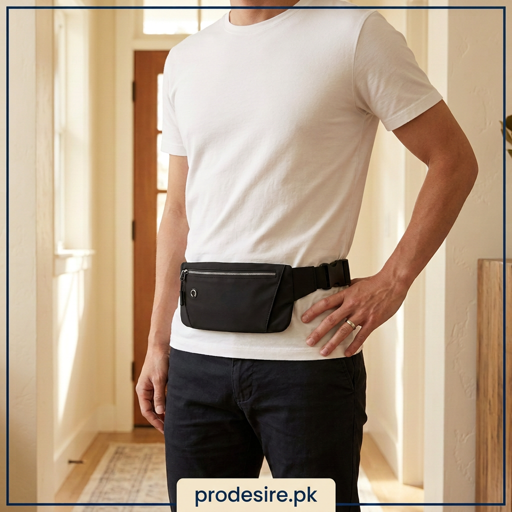 Black waist pouch worn over a white T-shirt with adjustable belt