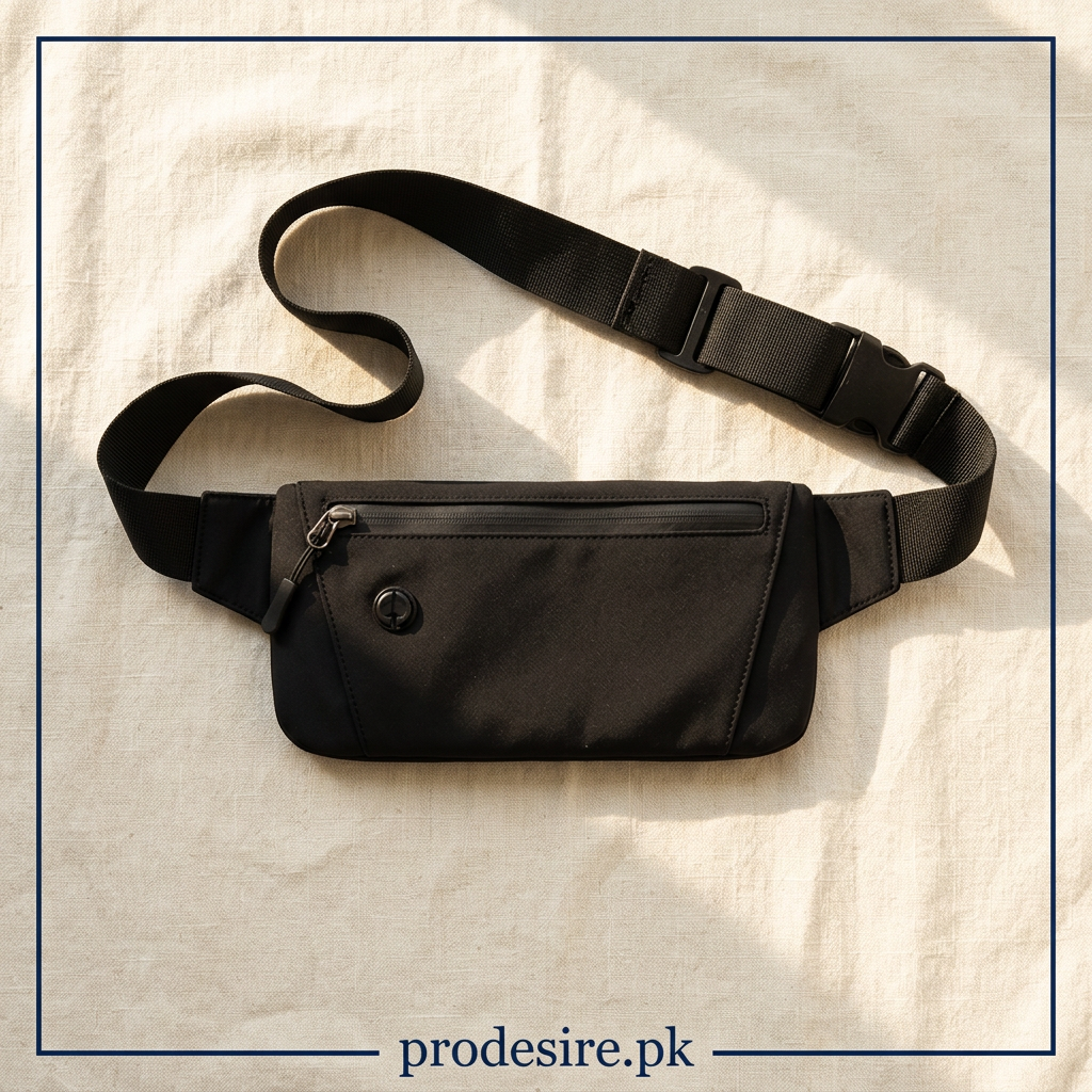 Overhead flatlay of black waist pouch with extended adjustable strap