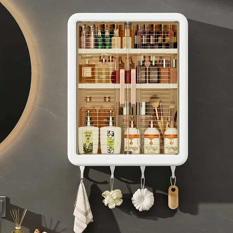 BATHROOM WALL CABINET WITH STORAGE SHELVES AND HOOKS