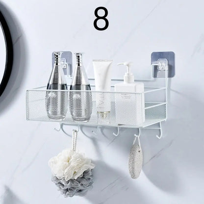 DECORATIVE WALL MOUNTED BATHROOM SHELF WITH HOOKS – BLACK MESH STYLE