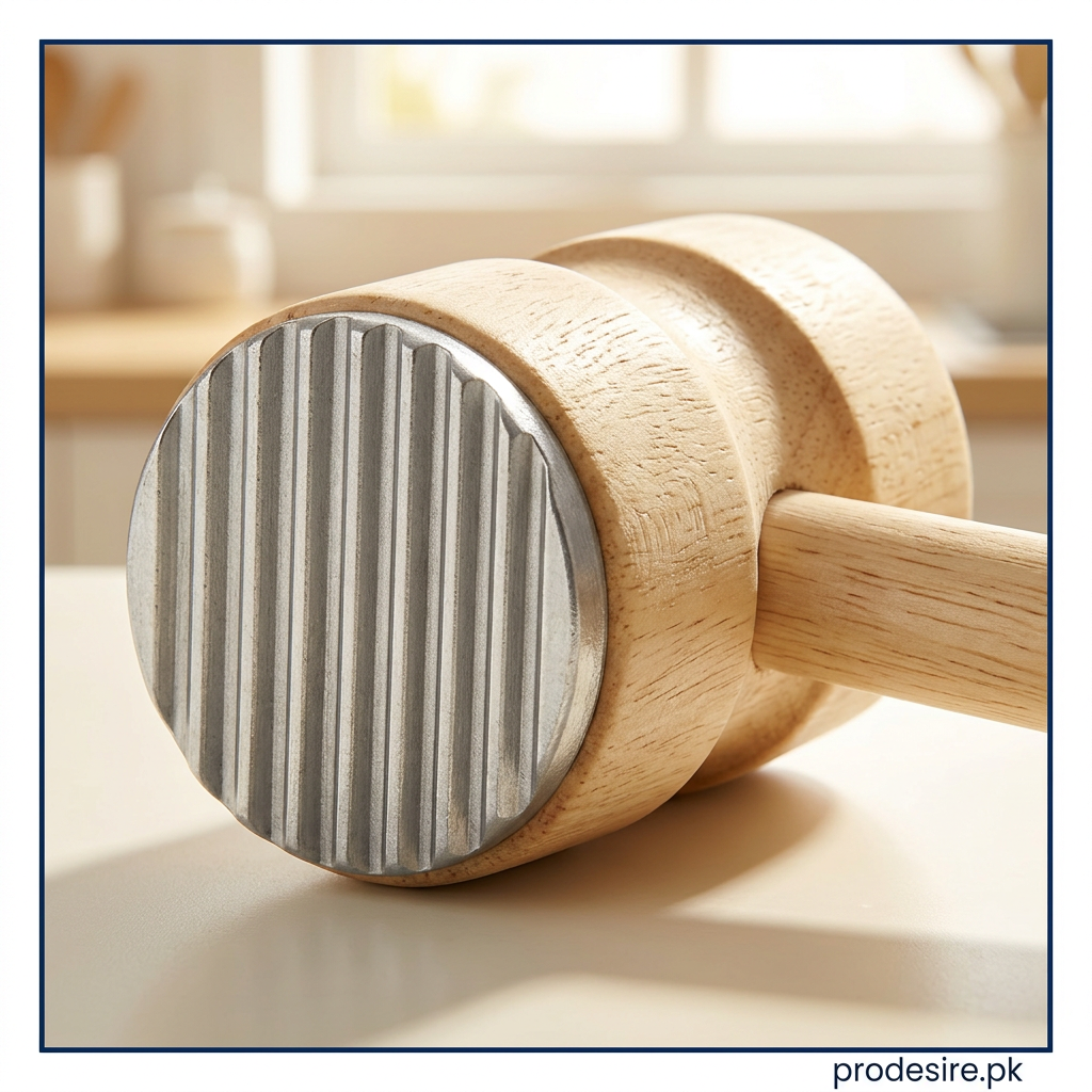 Close-up of parallel ridges on the round metal face of a wooden meat hammer