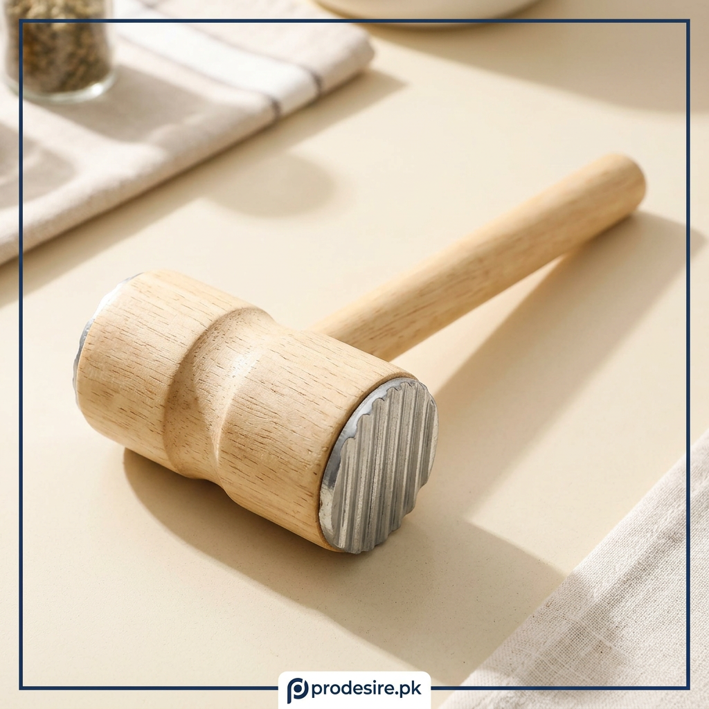 Wooden meat tenderizer hammer on a sunlit cream kitchen counter