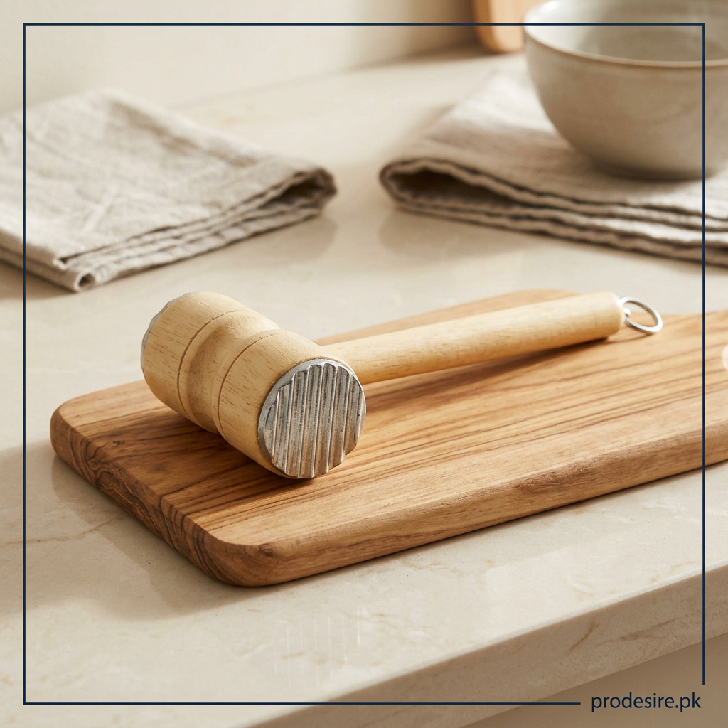 Wooden meat hammer resting on a kitchen cutting board